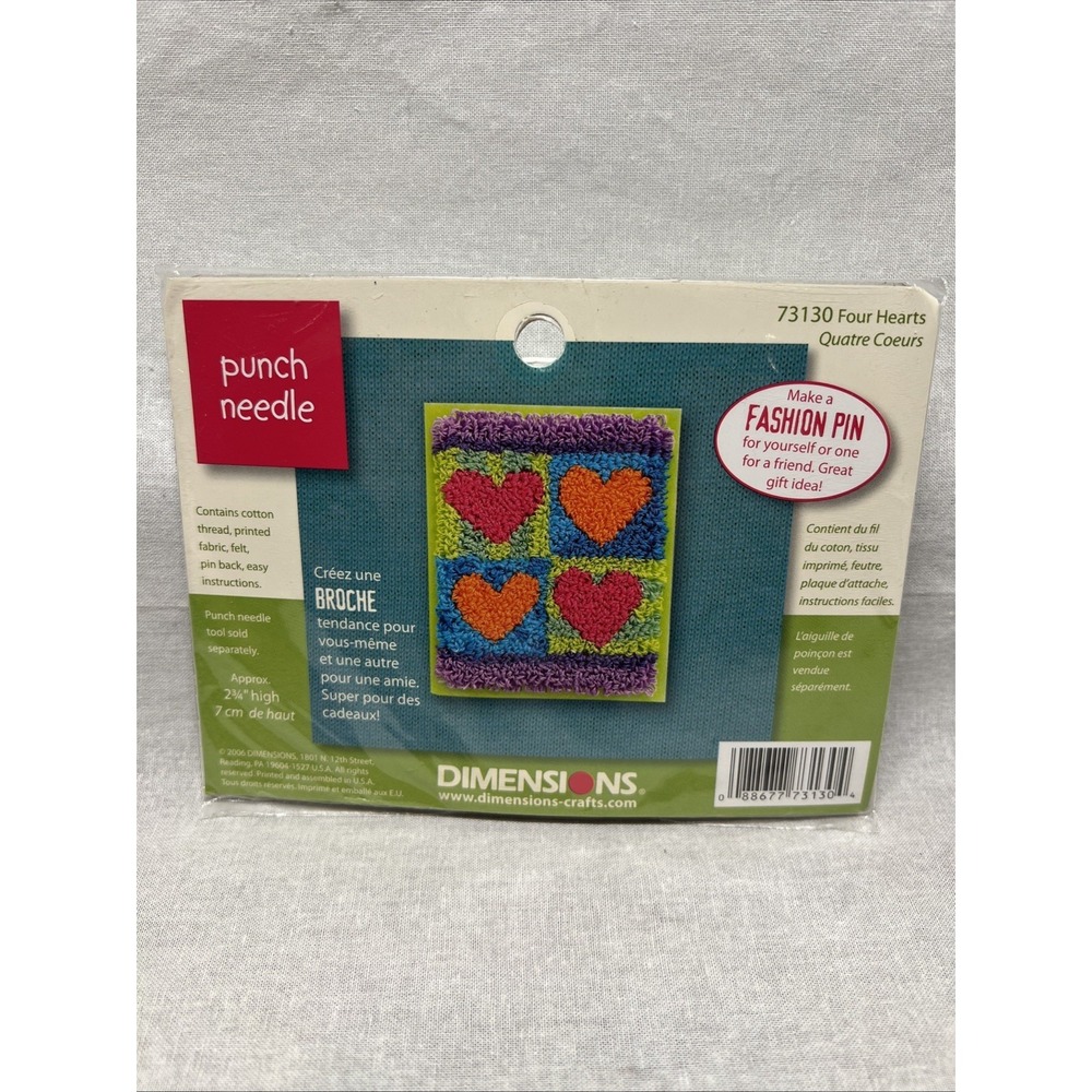 Vintage Dimensions Punch Needle Kit 73130 "Four Hearts" Fashion Pin Brooch New